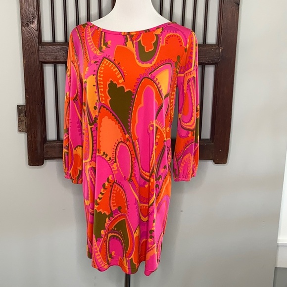 TIBI PINK ORANGE OLIVE GREEN BOHO TUNIC LOW BACK SIZE MEDIUM - Picture 1 of 5
